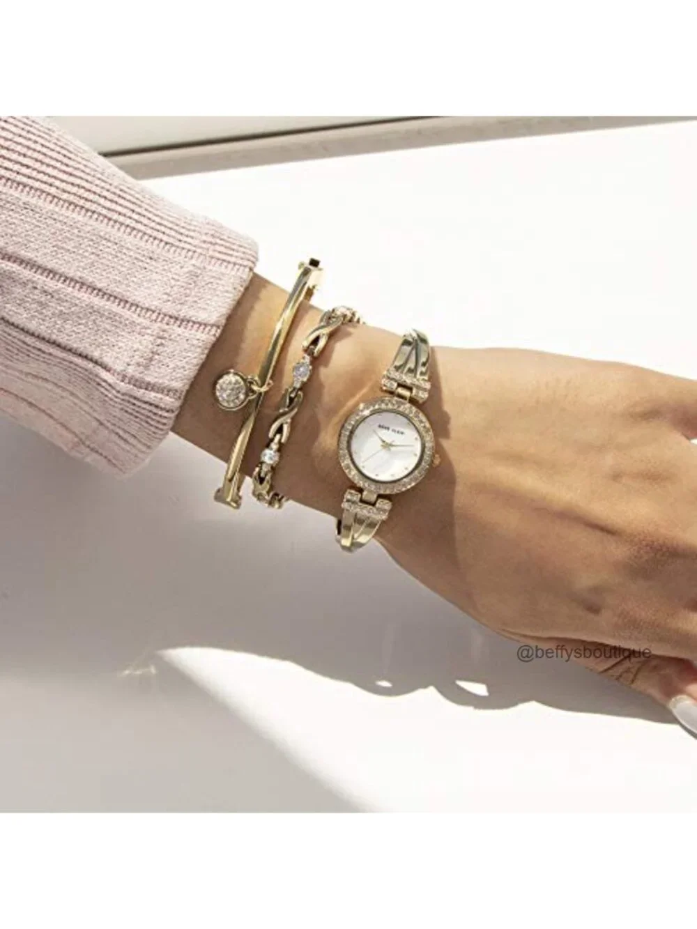 Anne Klein Crystal Accented Bangle Watch & 2 Bracelets Set - Gold-tone,